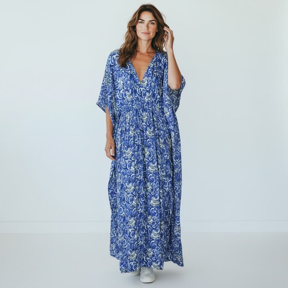 Rujuta Sheth Anthropologie Blue Paisley Kaftan Maxi Dress One Size Viscose